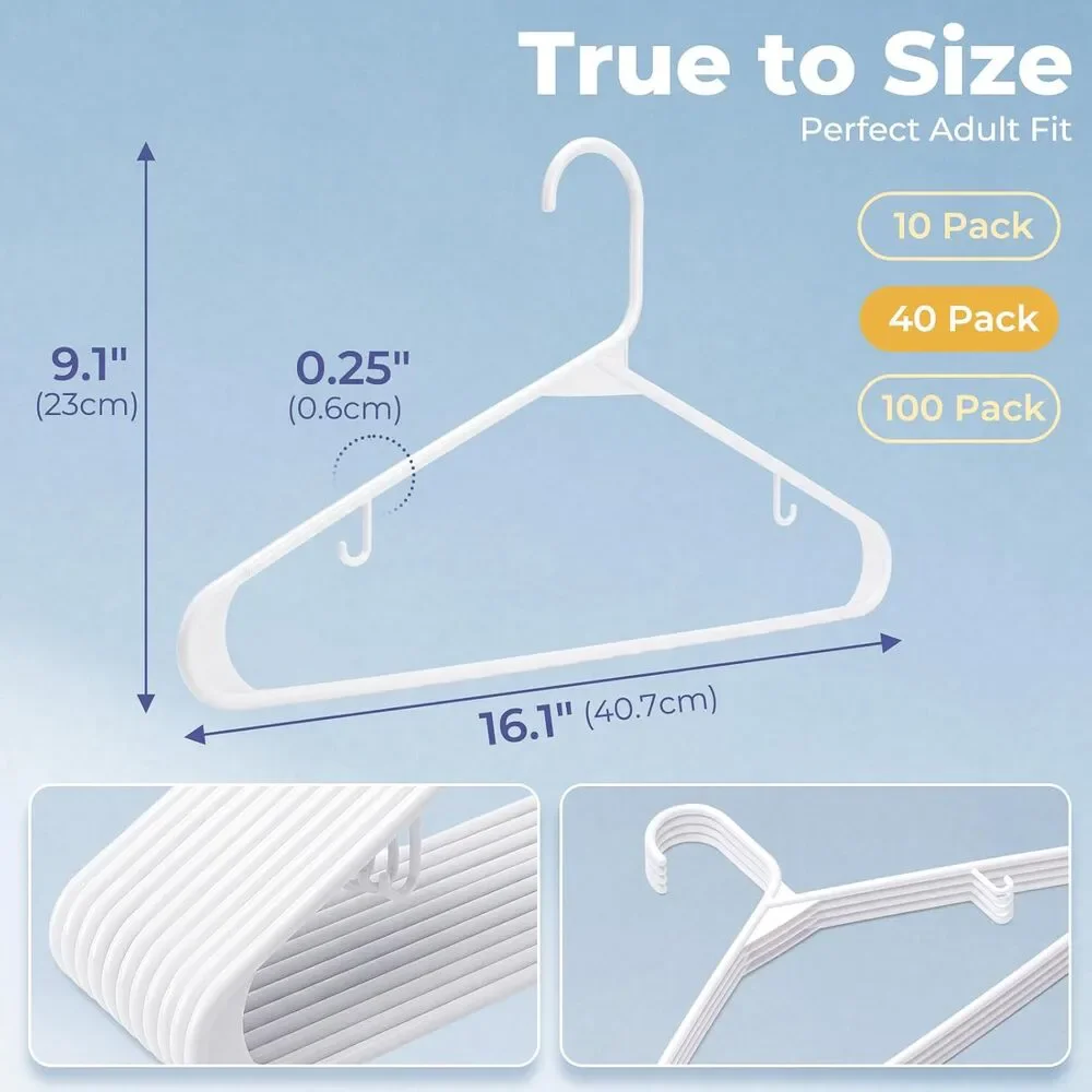 White Plastic Hangers 40 Pack, Built-in Strap Hooks, Space Saving Slim Hanger